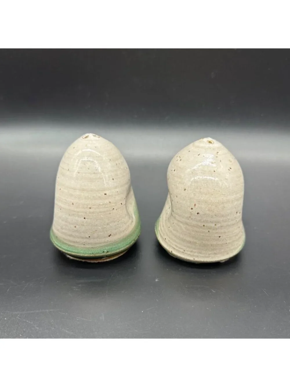 Art Pottery Shakers Green Speckled Glaze Artist Signed JE Handmade Dimple Retro
